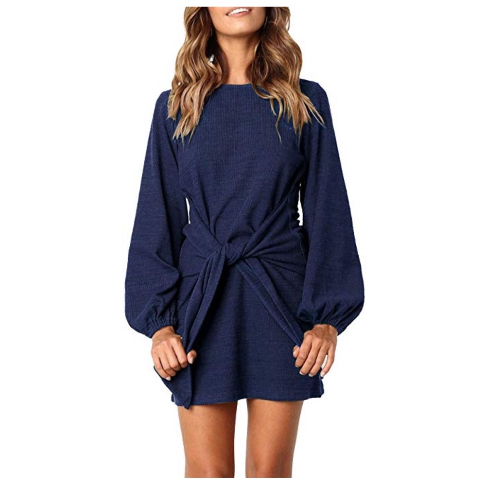 Navy Blue Long Sleeve Tied Dress